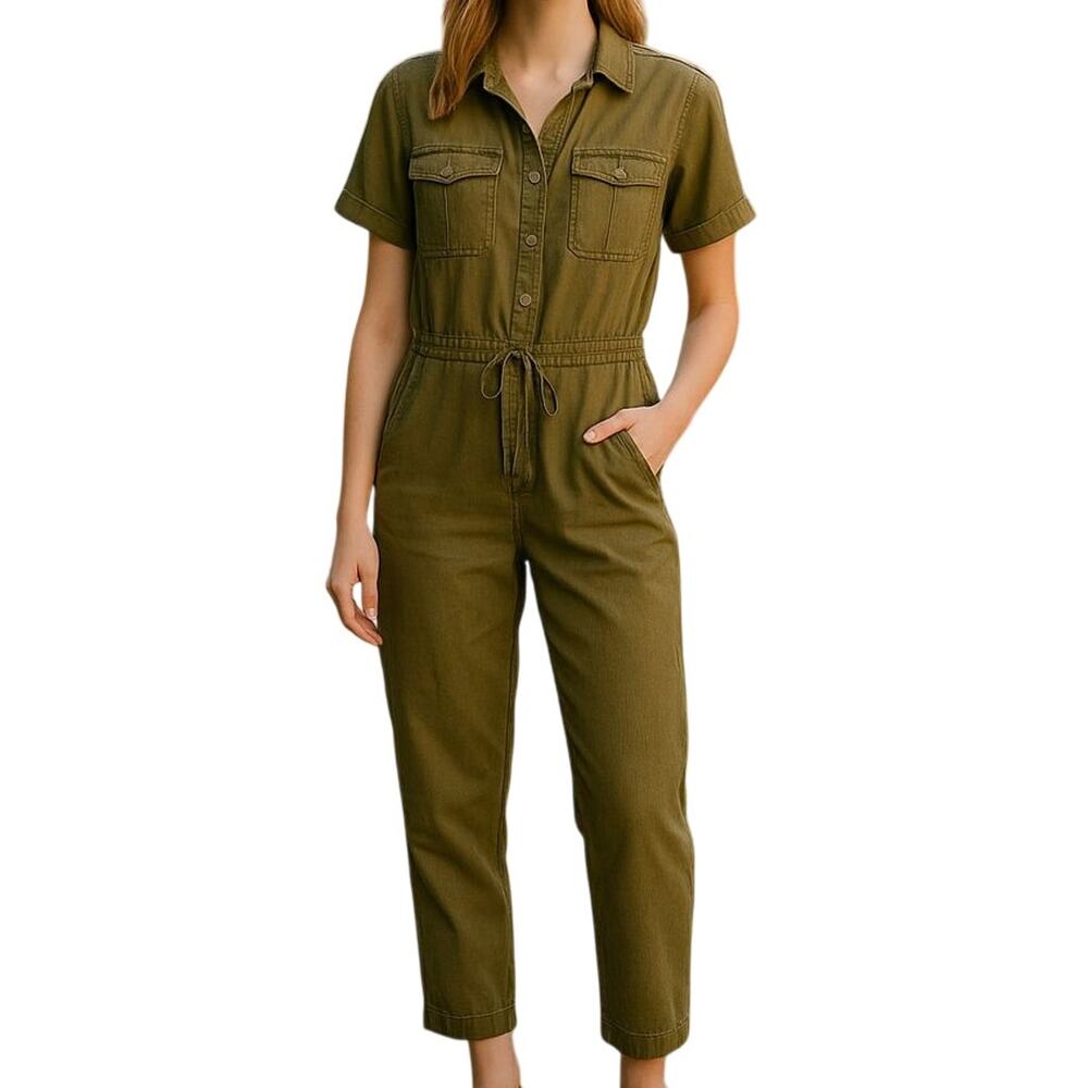 Young Fabulous and Broke Jumpsuit Womens L Olive Button Up Ankle Utility NWT